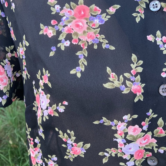 Emma James Black Pink Floral Semi Sheer Short Sleeve Button Up Shirt S - Picture 5 of 6